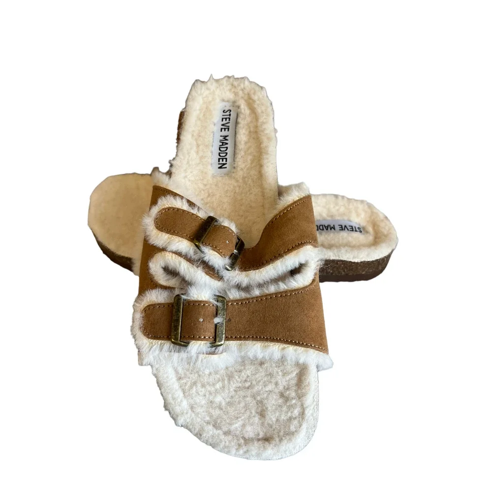 Steve Madden Kids tan Faux Fur Lined Cork Slides Slip Ons 4